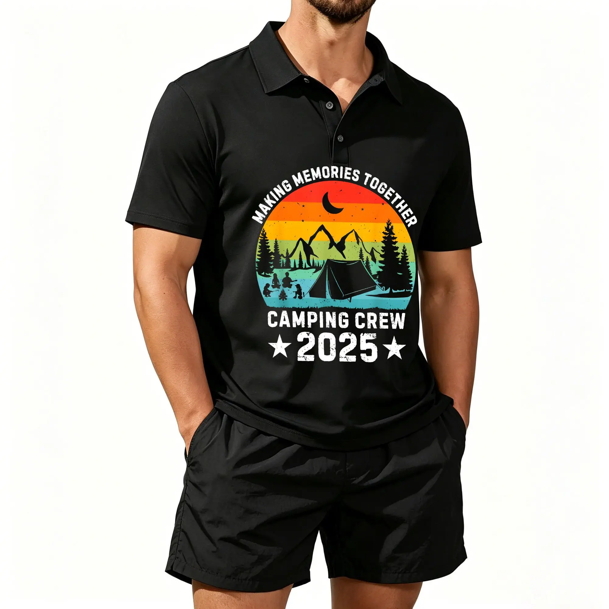Herren-Poloshirt und Strandshorts Zweiteiler-Set 2025 für Familien-Camping-Teams, Outdoor Eltern-Kind Partnerlook mit Print, Lässig Vielseitig, Bequem zu Tragen, Gut Sitzend