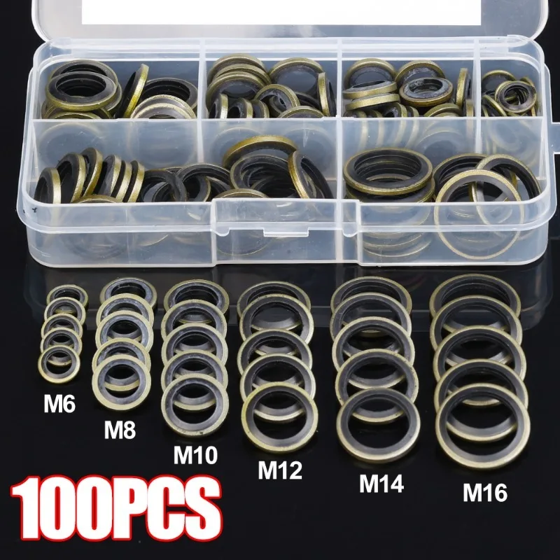 

100pcs Universal Automotive Engine Oil Pan Oil Drain Screw Gaskets Set Metal Rubber Sealing Washers M6/M8/M10/M12/M14/M16