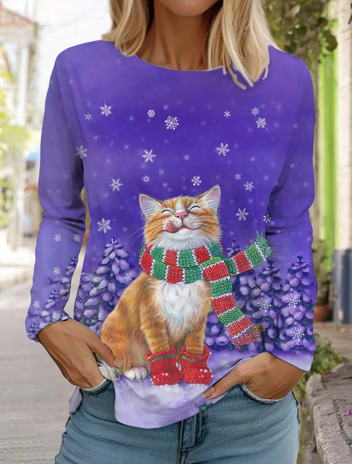 Christmas Cute Cat Women\'s Long Sleeves T-Shirt Round Neck Long Sleeved Autumn New Clothing Animal Holiday Fashion Party T-Shirt