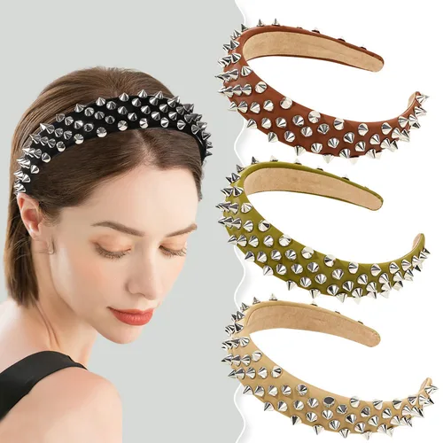 Imagen 2 del producto Diadema de cuero fresca a la moda, remaches de punta, banda tachonada, pinzas para el cabello Retro Punk para fiesta, aro ancho para el cabello de Color sólido de estilo gótico
