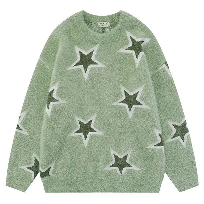 Harajuku Vintage Sweaters Men Fluffy Star Flocking Oversized Knitted Sweaters Autumn Winter Streetwear Couple Pullovers Unisex