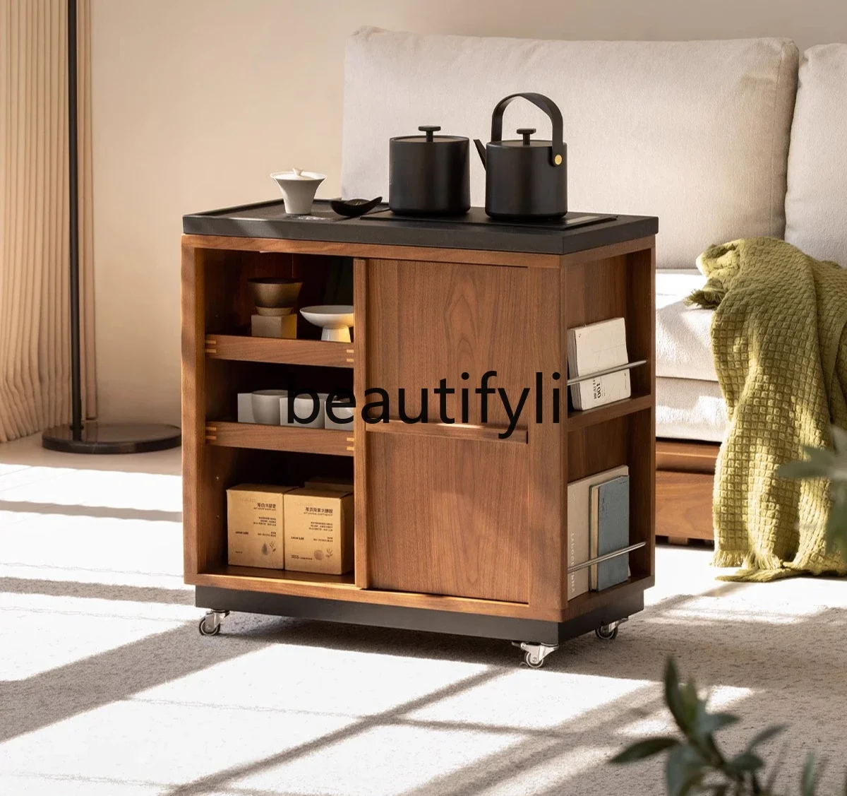 

Removable tea cabinet, black walnut solid wood side cabinet, tea table, kettle, black gold stone side few tea cart6239
