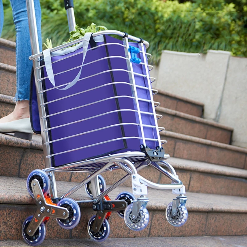 Aluminum Alloy Folding Grocery Cart Portable Shopping Trolley Lightweight Supermarket Food Folded Trolley Step Climbing Trolley