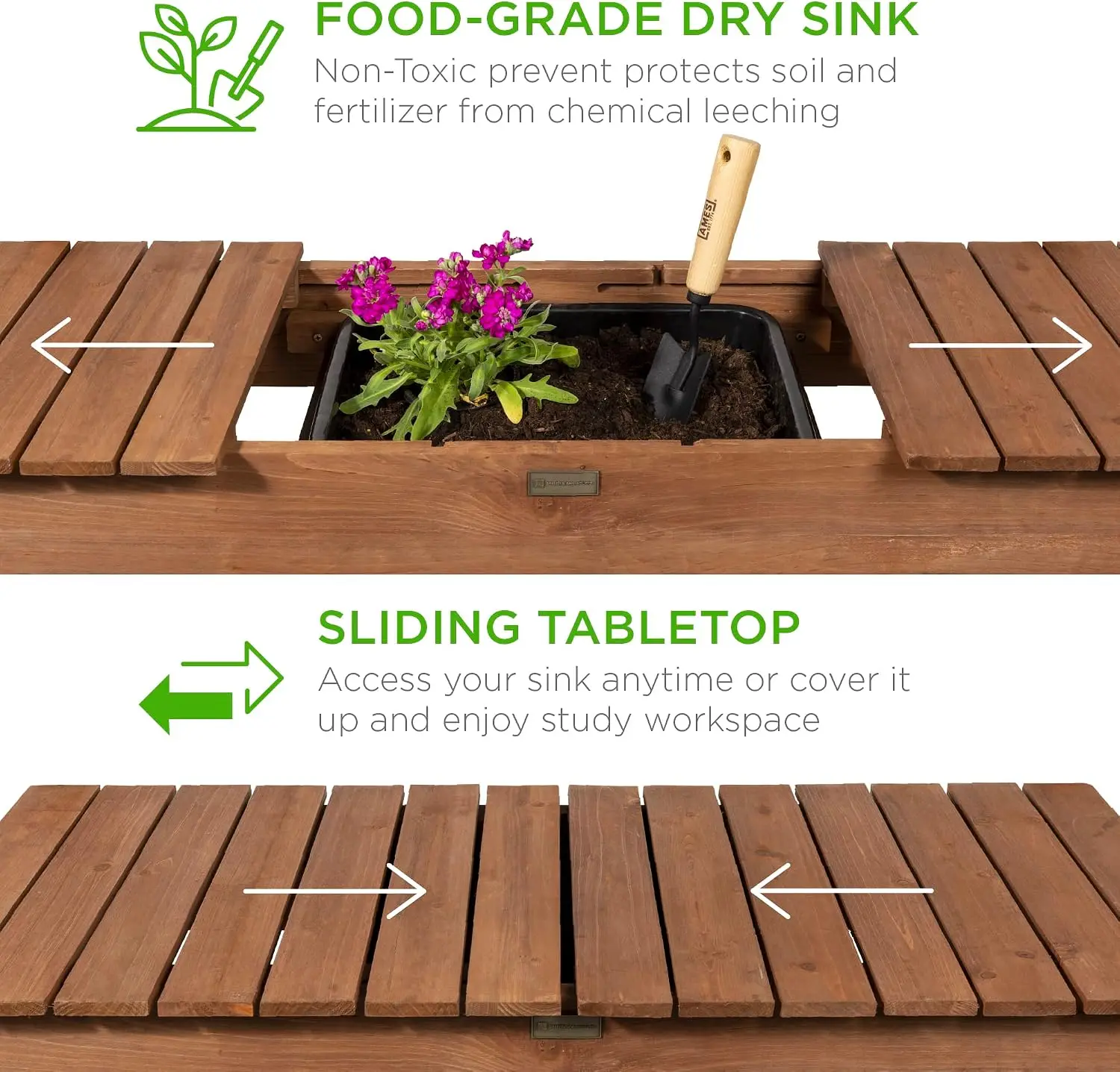 Modern Wooden Potting Bench Outdoor Potting Table With Sliding Top And Lockable Wheels, Heavy Duty Garden Workstation Table With Sink And Storage Shelves For Backyard Patio, Brown