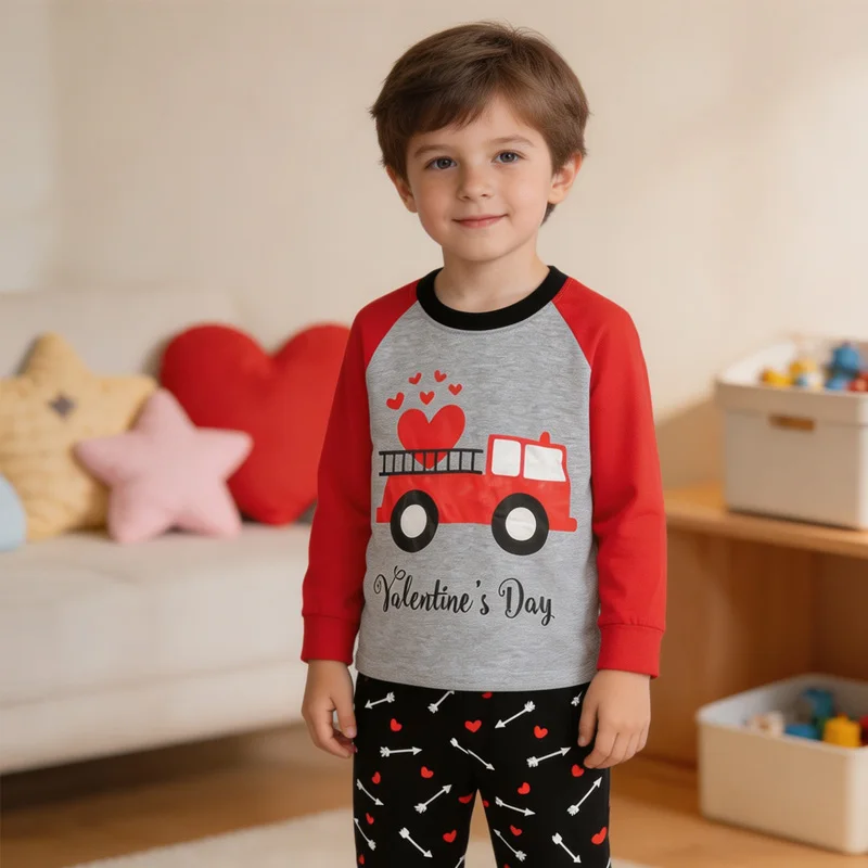 Little Hand Boys Long‑Sleeve Pajama Set Fire Truck Nightwear Girls Cotton Raglan sleeves Indoor Home Clothing for 2‑7Y Toddler
