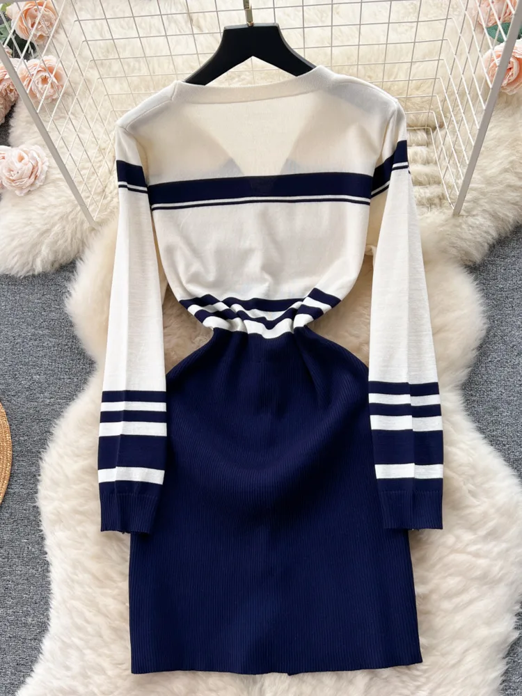 Fashion Single-Breasted Knitting Cardigan Dress Color Block V Neck Korean Style Woman Slim Gentle Streetwear Mini Knitted Dress