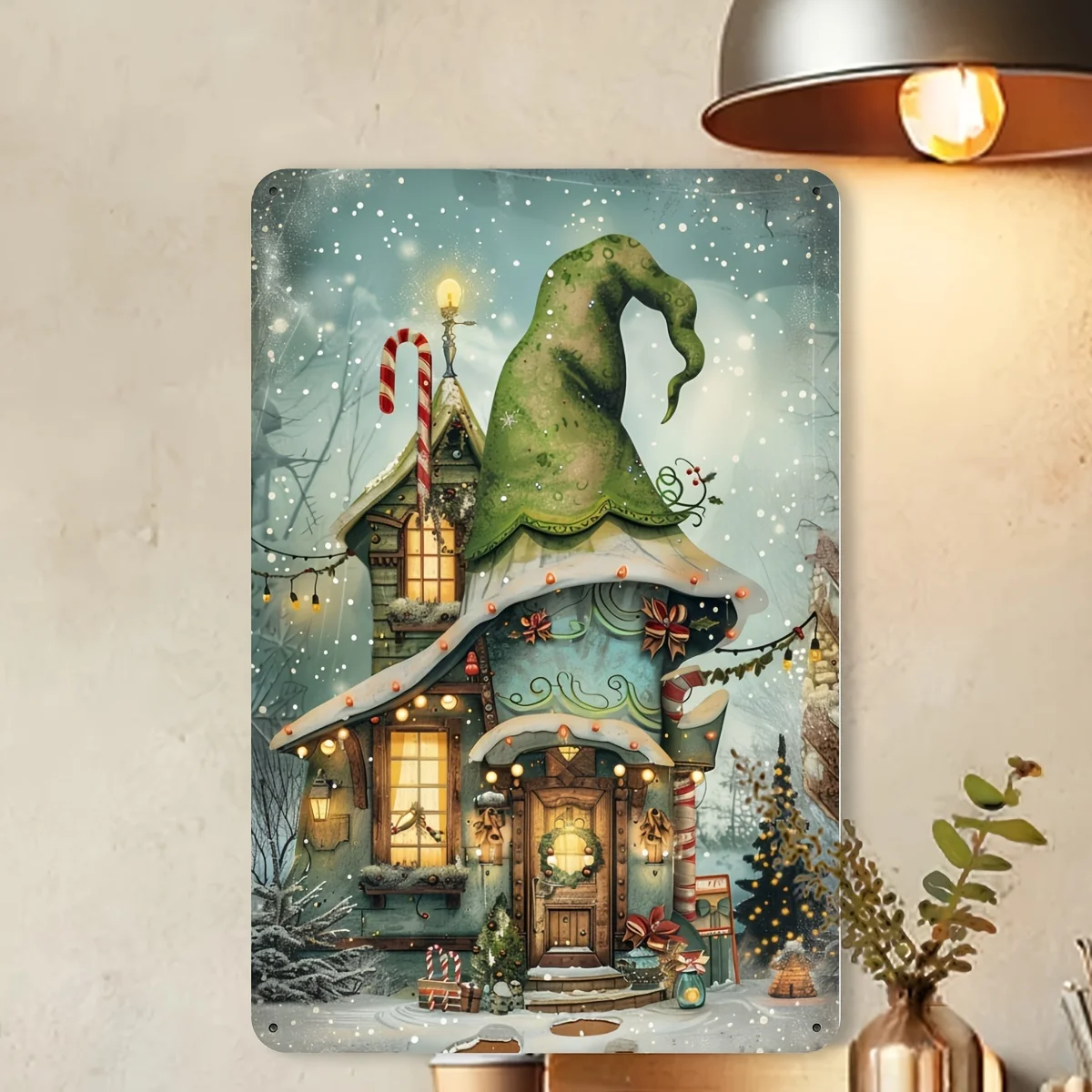 2D Flat, Vintage Christmas Cottage Metal Tin Sign - Enchanted Winter Snow House with Glowing, Green Roof & Twinkling Iron Sig