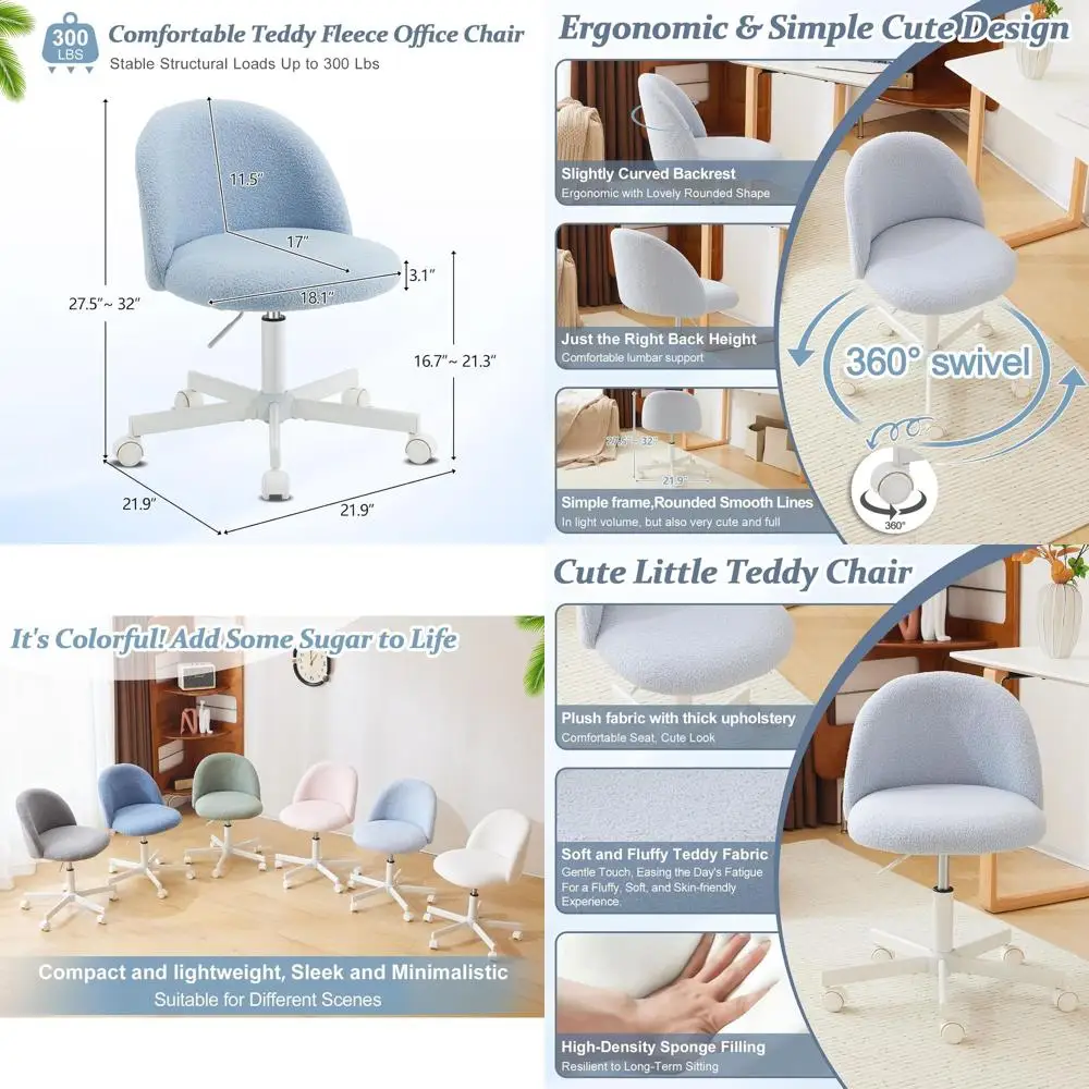 

Cute Armless Desk Chair with Wheels, Comfortable Small Office Vanity Chair, Lumbar Support, Teddy Style Swivel Computer Chair fo