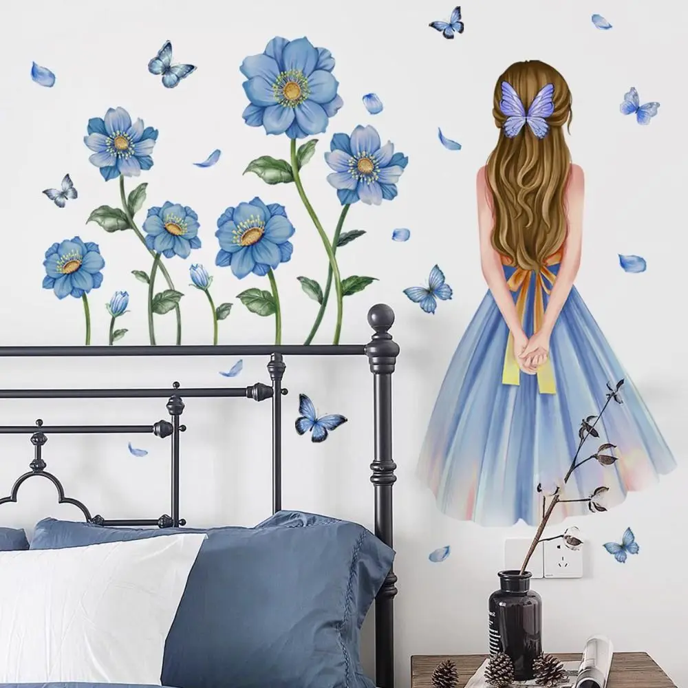 Mural autoadhesivo de acuarela para decoración del hogar, calcomanías de flores y mariposas, arte de niñas en la Luna, pegatinas de pared de princesa