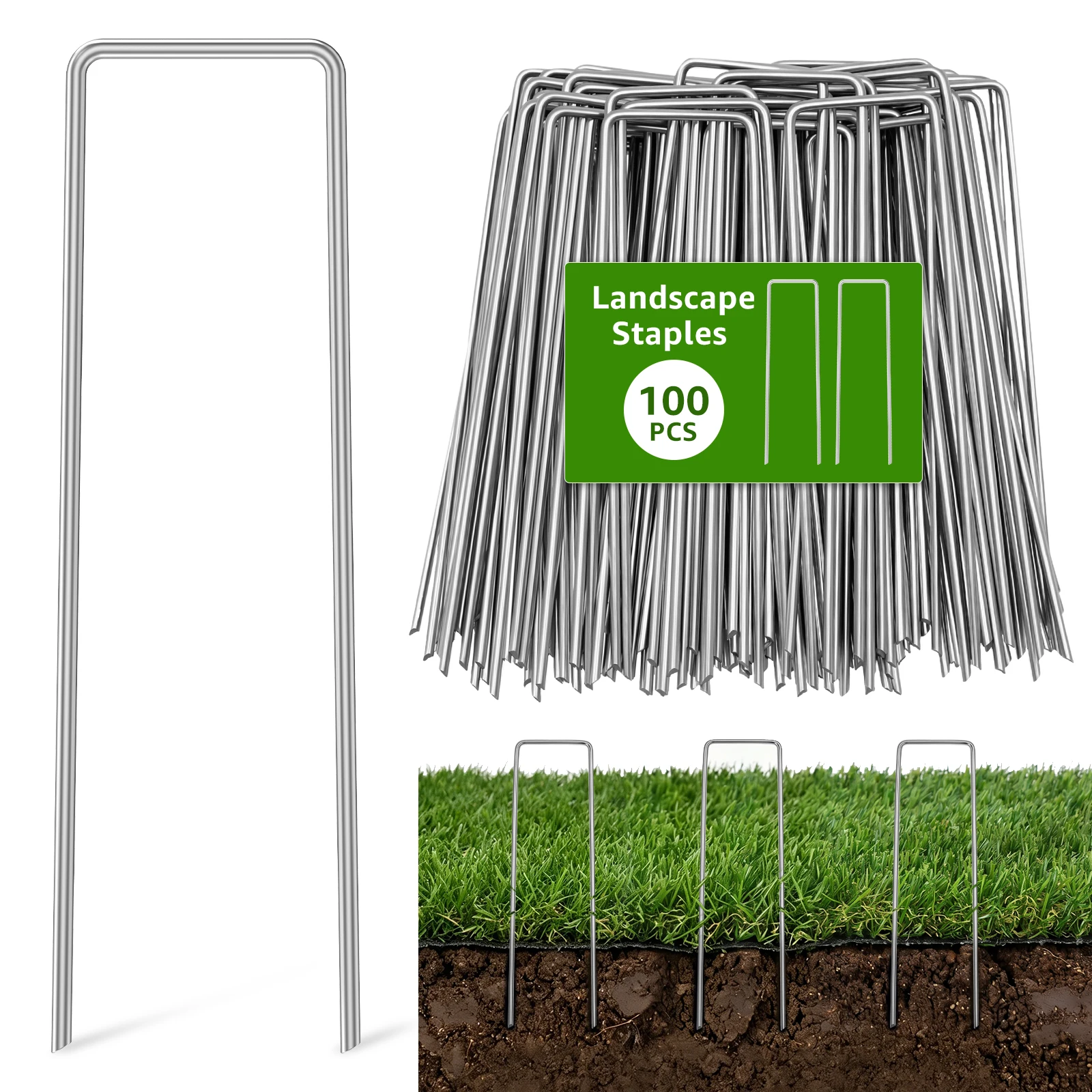 100Pcs U-shaped Ground Pegs 6 Inch Garden Securing Stake Galvanized Landscape Fabric Staple Fabric Netting Garden Lawn Accessory