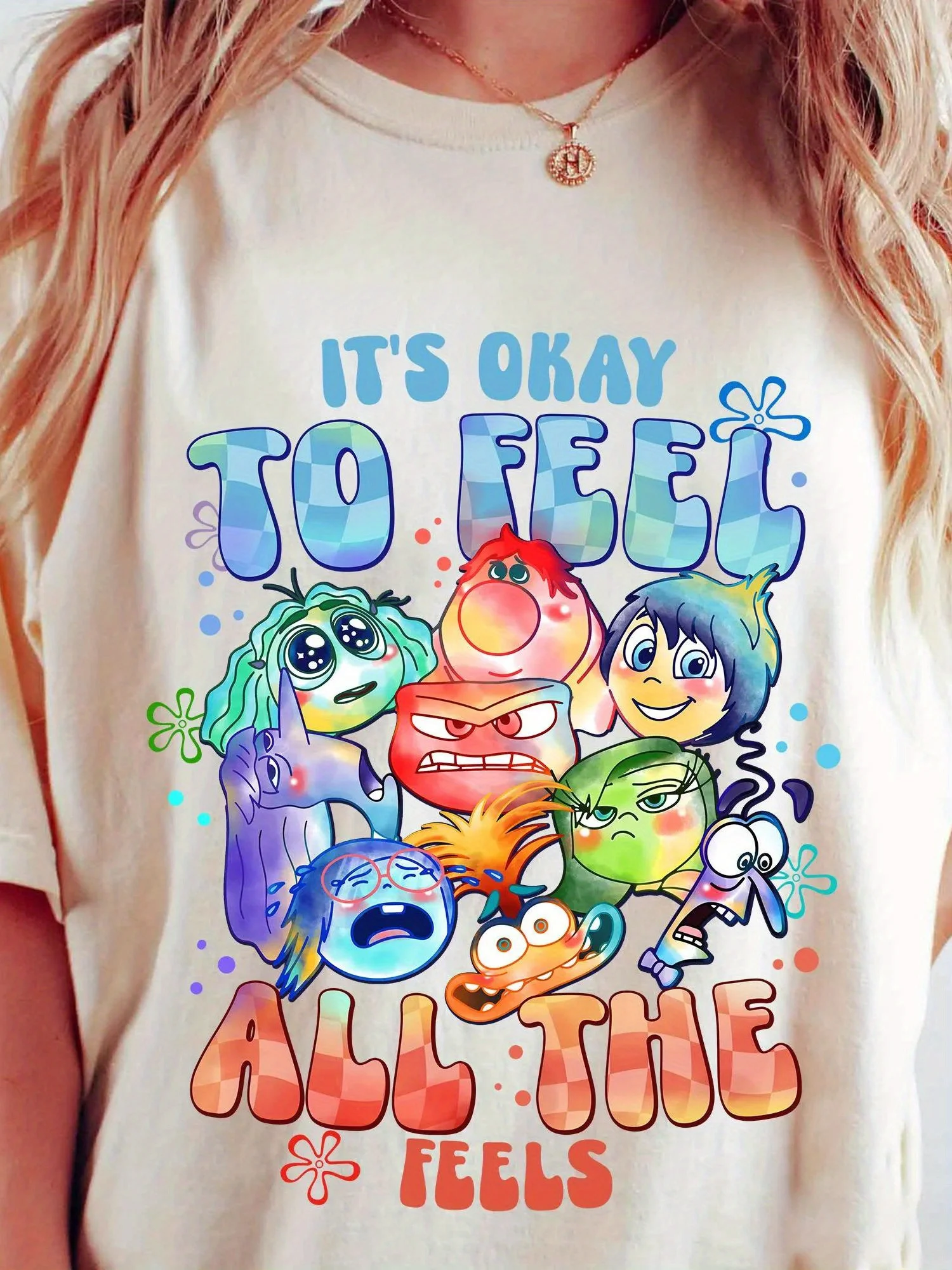 

Футболка Disney Inside Out 2It's OK to FeelRiley Emotions BCBA с мультяшным принтом и короткими рукавами для мужчин и женщин