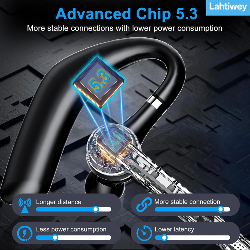 سماعة بلوتوث V5.3 للقيادة المكتبية، سماعة أذن لاسلكية مع علبة شحن 500 مللي أمبير في الساعة، سماعات رأس بدون استخدام اليدين، ميكروفون لإلغاء الضوضاء