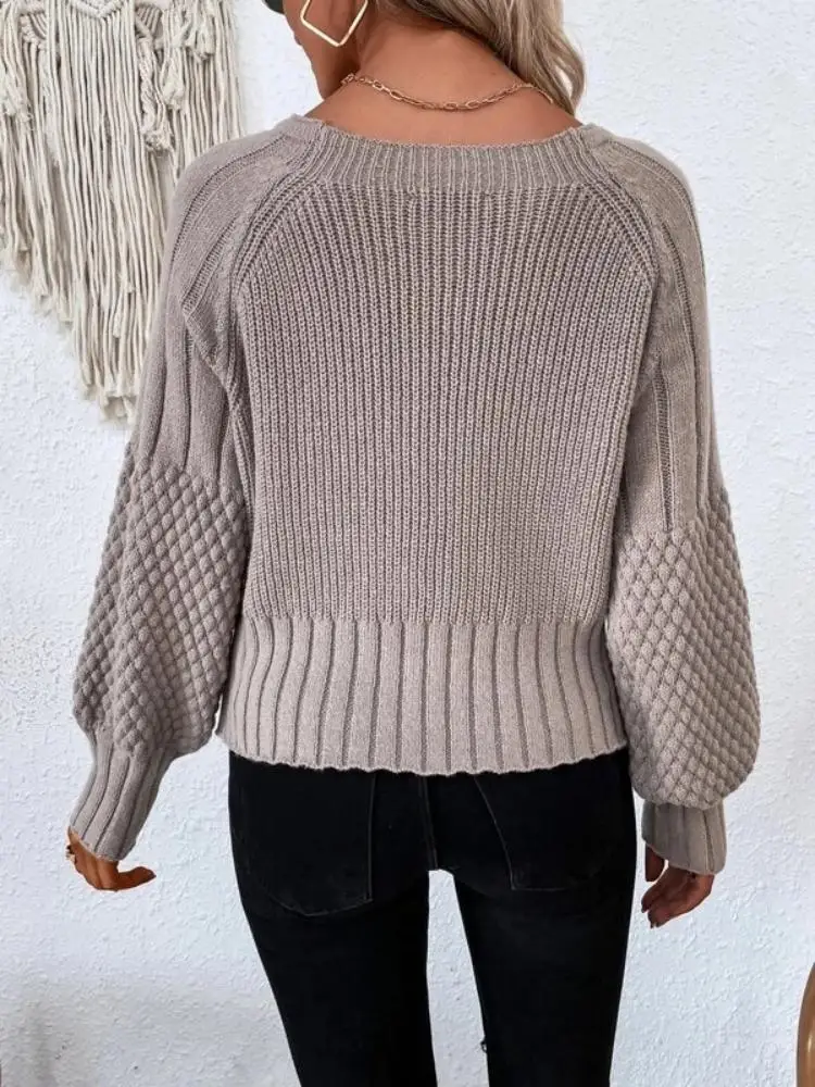 Women\'s autumn and winter V-neck solid color long sleeve cardigan texture knit cardigan button sweater coat