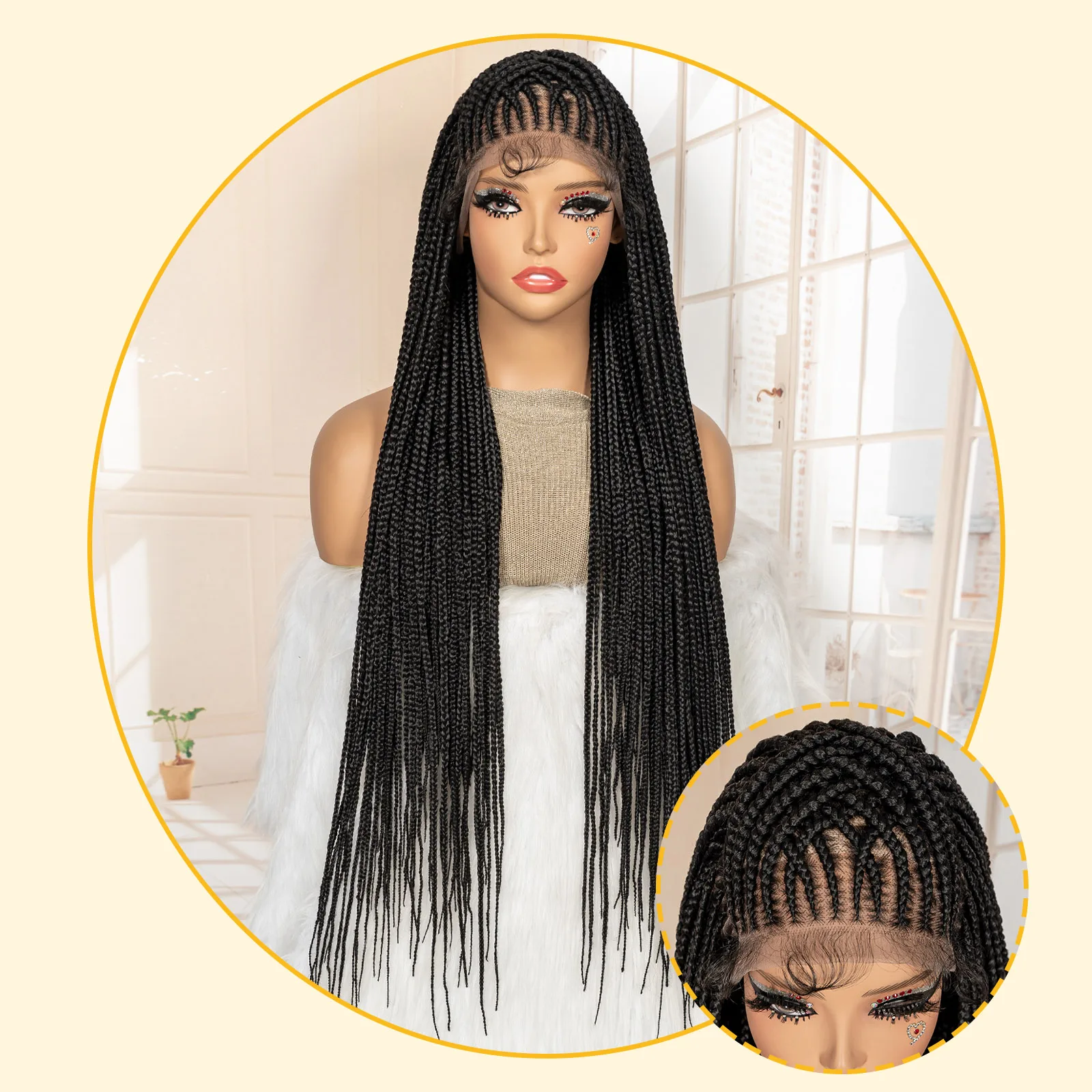 34inch Synthetic Braided Wigs for Black Women Full Lace Front Box Braids Wig Knotless Cornrow Box Braids Wig for Daily Use