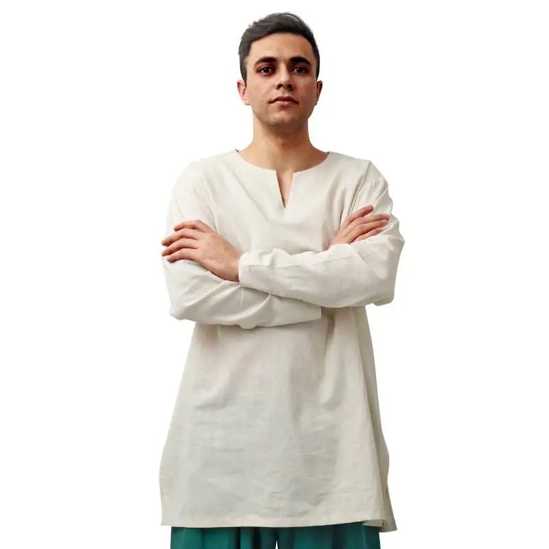 DAZCOS القرون الوسطى فايكنغ الكتان تونك الرجال طويلة الأكمام فايكنغ Undertunic بلون القرون الوسطى تونك ل LARP فايكنغ عصر النهضة
