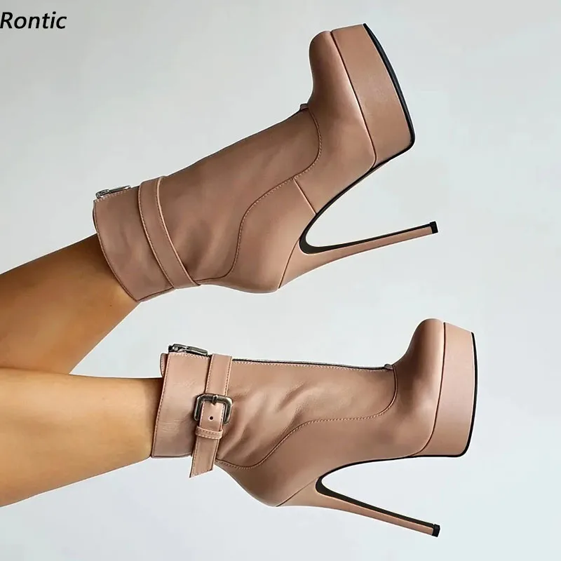 Rontic-Botines de plataforma hechos a mano para mujer, tacones de aguja sexys, punta redonda, preciosos zapatos de vestir desnudos, talla estadounidense 5-20