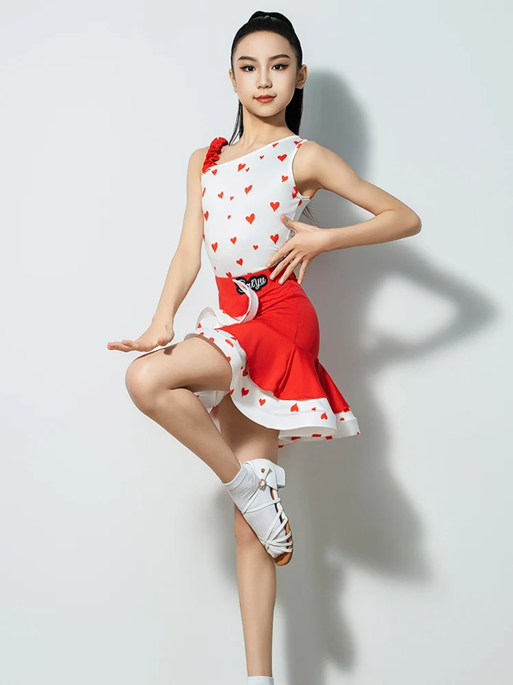 Costume da ballo latino per bambini Abiti da allenamento per spettacoli di danza Ragazze che ballano set di gonne a lisca di pesce stampate con spalla inclinata XH2974