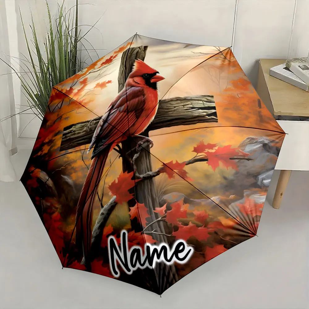 Custom Name Autumn Themed Umbrella with Cardinal and Wooden Cross Design 8 Iron Ribs Folding Umbrella Auto-Open Fashion Sunshade