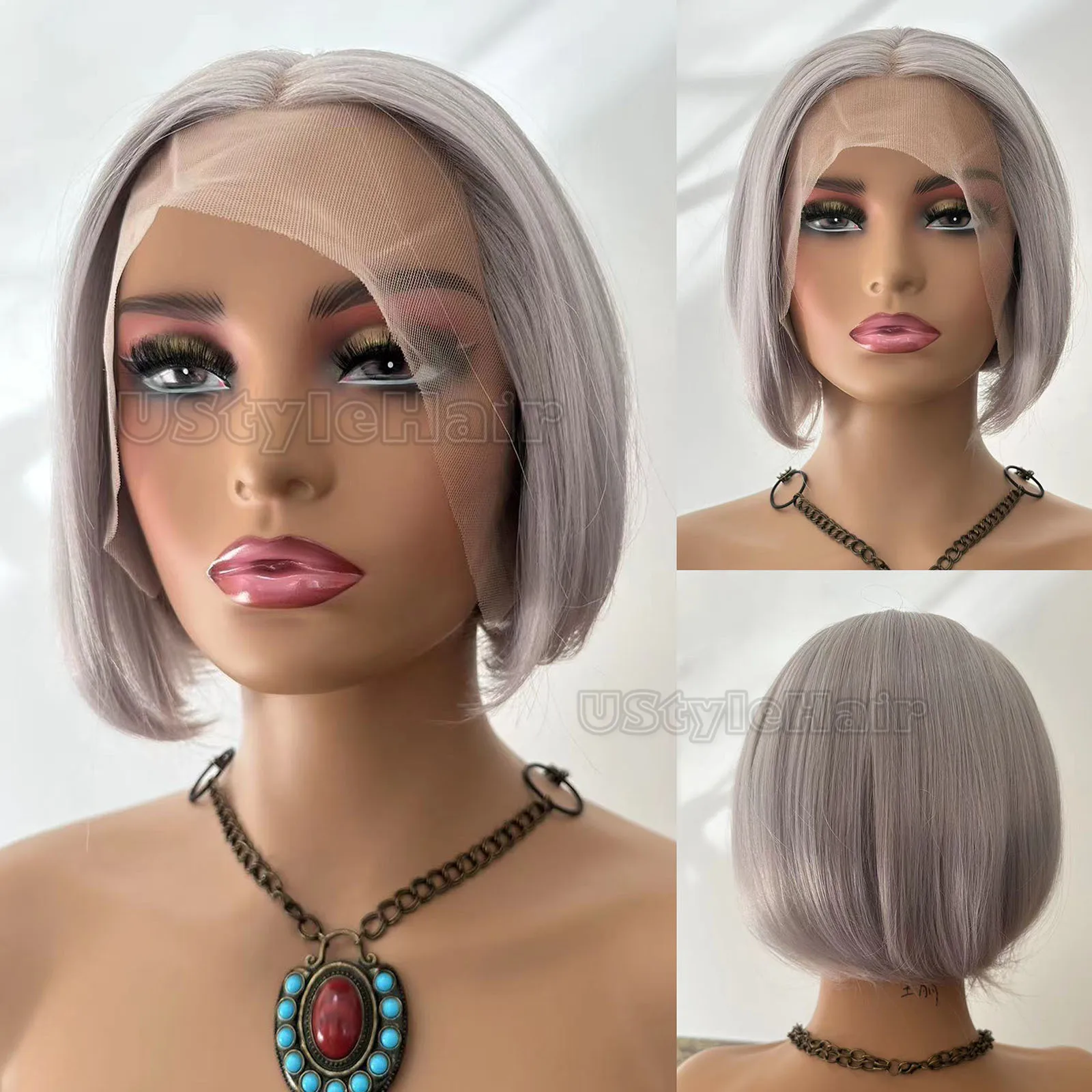 

Пепельно-русый короткий парик Боб 13x4 Парики из синтетических волос на кружеве для женщин Светло-серый стрижка пикси Натуральная линия волос Повседневный косплей Вечеринка