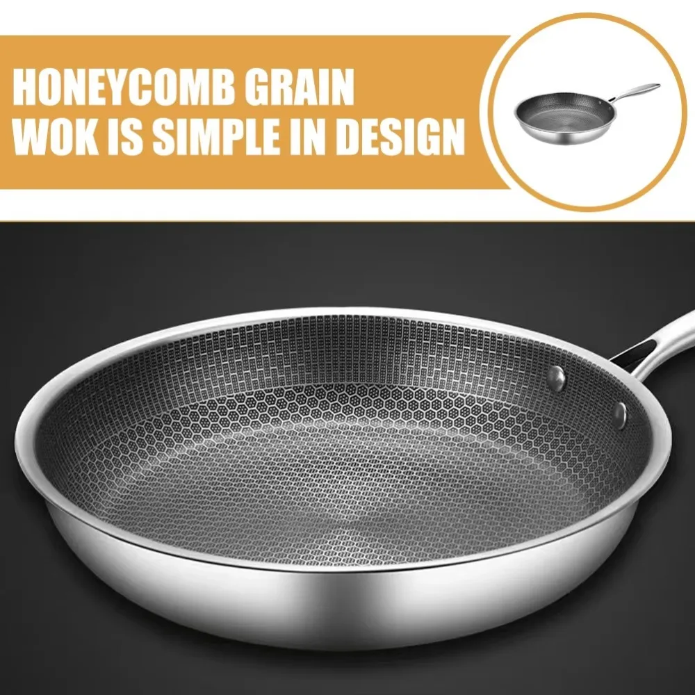 26/28/30cm Frying Pan Stainless Steel Non-coated Honeycomb Pot Thickened Multi-functional Steak Cooking Pot Gas Induction Cooker