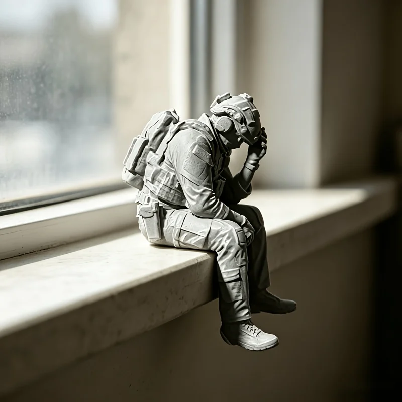 3D Printed Mini Sitting Tired Soldier Model, Tactical Action Figure Collectible, Desktop Bookshelf Window Sill Decor, Gift for H