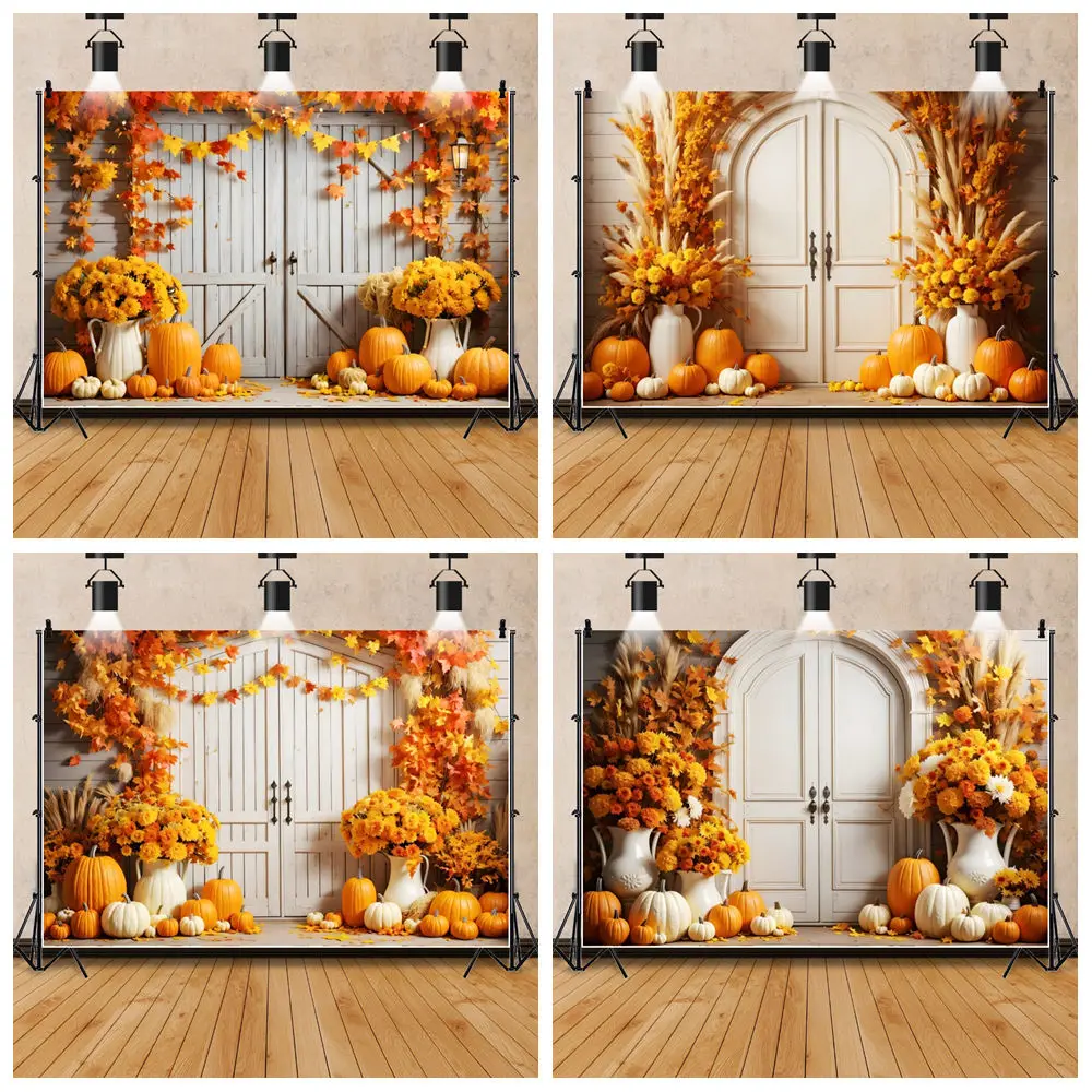 

Barn White Wooden Door Background For Photography Autumn Pumpkin Colorful Flowers Maple Leaves Backdrop Photography Accessories