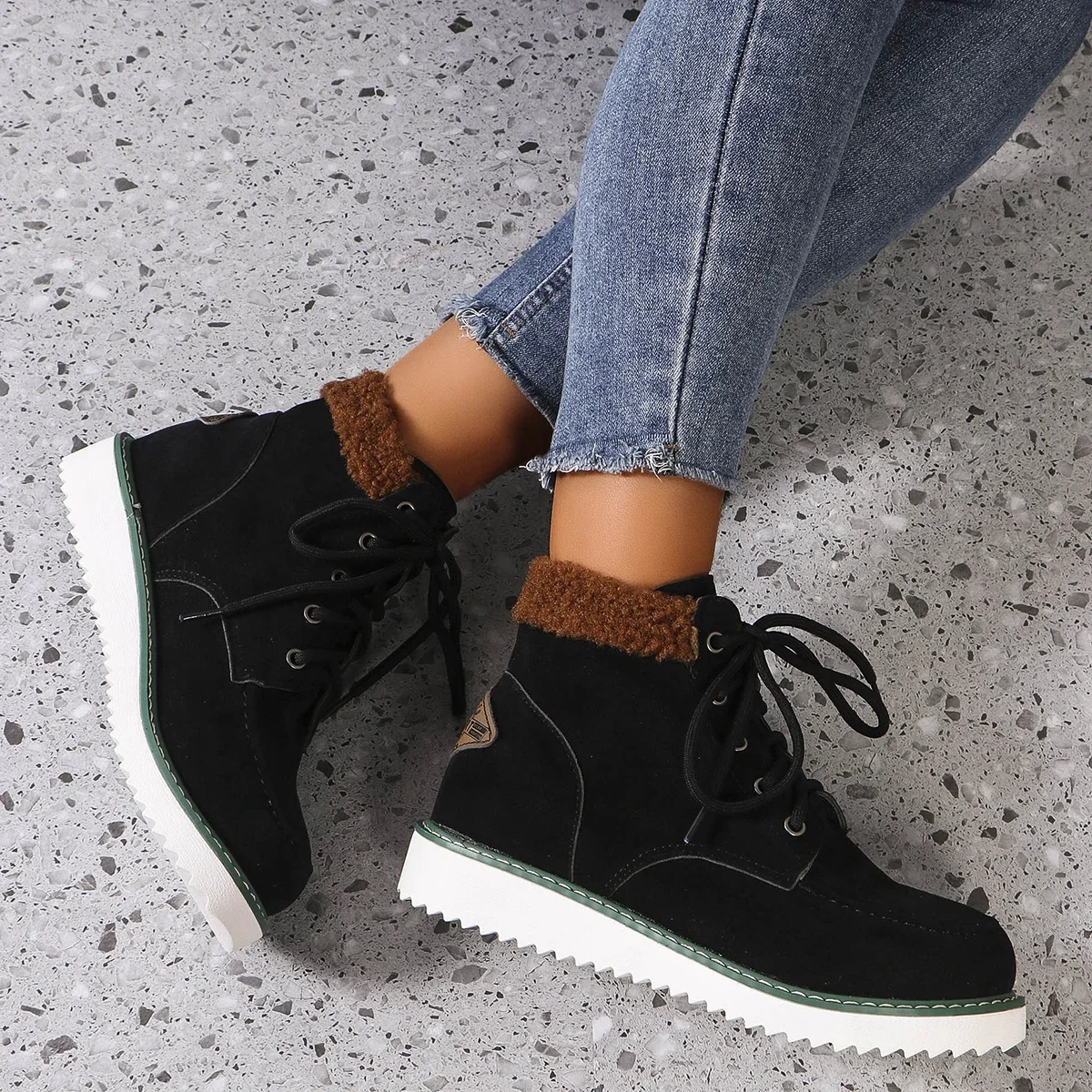 2024 Hot Sale Women Shoes Lace Up Women\'s Boots Winter Round Toe Solid Flock Warm Platform Water Proof Short Barrel Boots