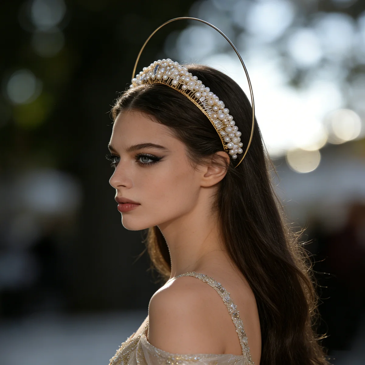 

Golden Halo Pearl Crown: Bridal Statement Headpiece for Wedding