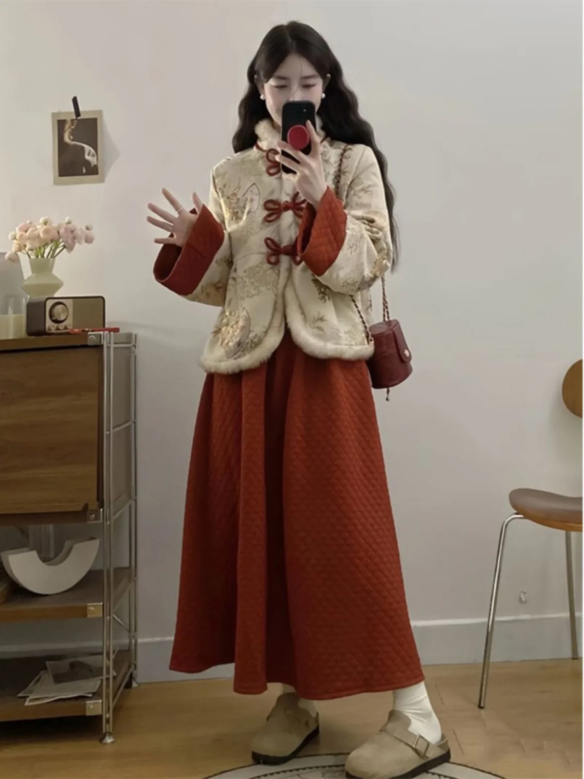 

Women's New Chinese Style Faux Fur Jacket And Red Skirt Two-Piece Set with Button Detailing Winter Fashion Ensemble