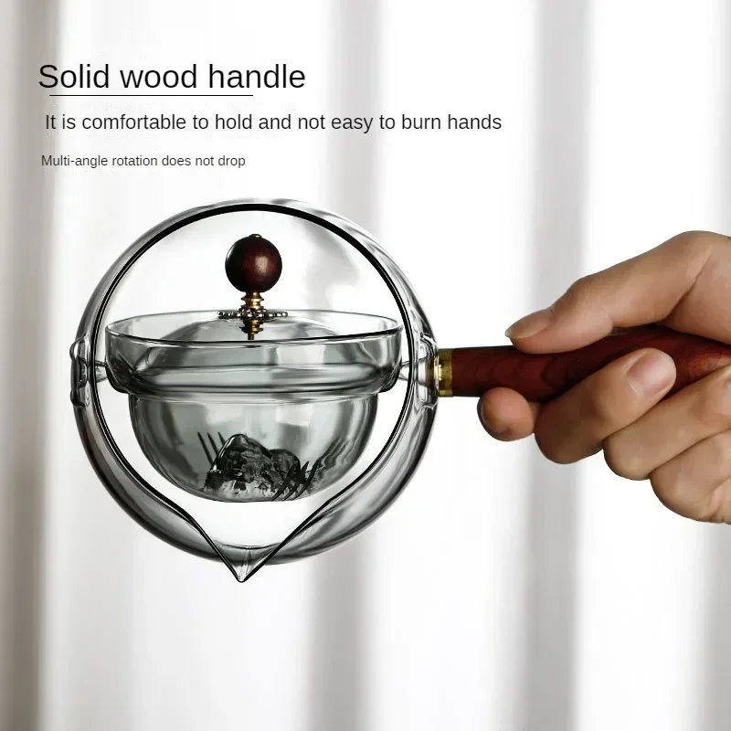 إبريق شاي زجاجي دوار بمقبض جانبي ، كوب شاي مقاوم للحرارة ، طقم إبريق شاي فقاعي ، كوب صغير ، رمادي ، مجاني ، منزلي