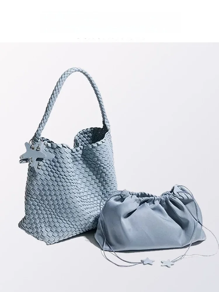 Large Capacity Woven Tote Bag Women's New Style Vacation Shoulder Bag British Style Soft Handle Casual Pure Color PU Leather