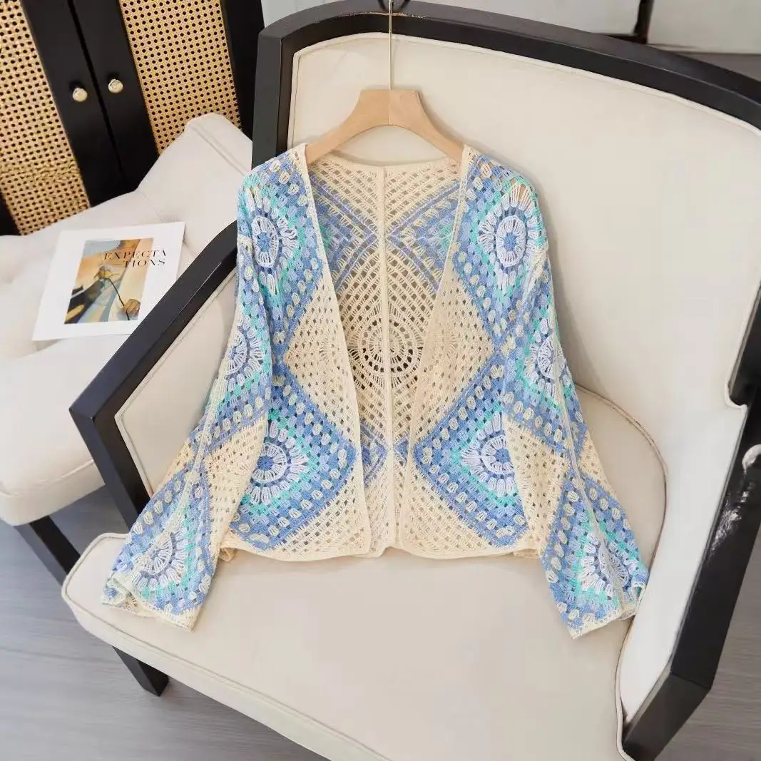 

2025 Spring Autumn Bohemian Crochet Diamond Patchwork Hollow Cardigan Holiday Women's Loose Casual Beach Knitted Outerwear Tops