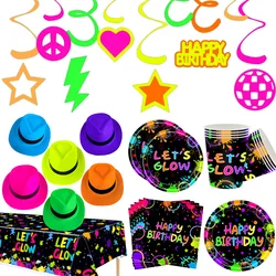 Neon Party Let's Glow Birthday Party Supplies Tableware Hanging Neon Formal Hats Glow in The Dark Party Decoration Favors