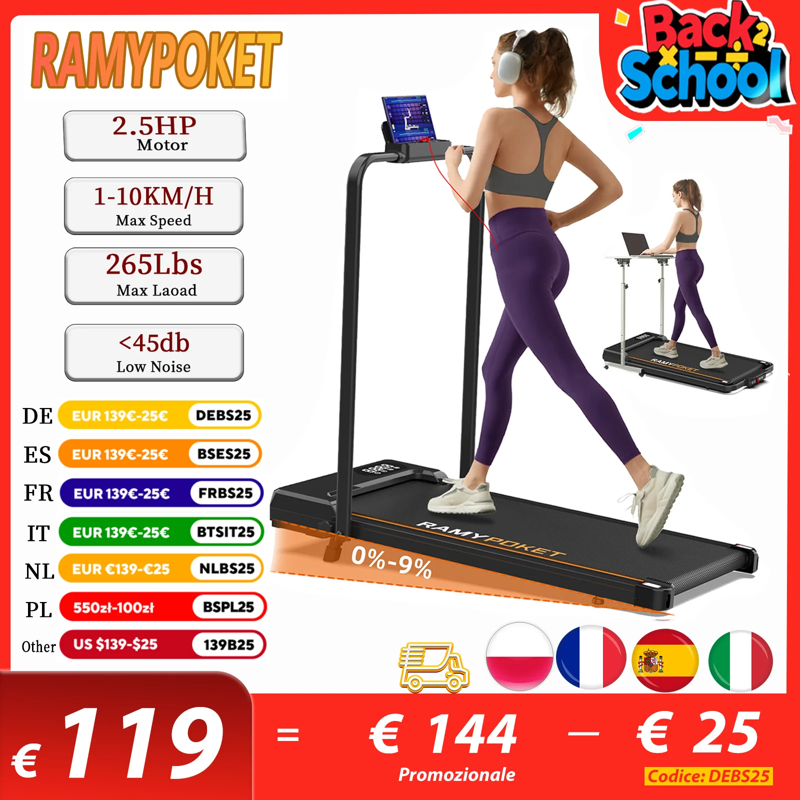 RAMYPOKET Laufband mit 9% Steigung Maximale Geschwindigkeit 1-10 km / h Elektrisches Laufband mit 265 Ibs Kapazität Installation Free Walking Pad für zuHause