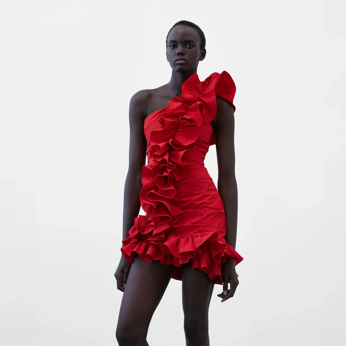 

Fashion Red Sheath Mini Maxi Dress With Ruffles Trimmed Details One Shoulder Short Women Dresses Ruched Details Party Dress