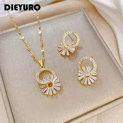 DIEYURO 316L Stainless Steel Cute Little Daisy Pendant Necklace Earrings For Women Girl Trendy Jewelry Set Gift Party Accessory