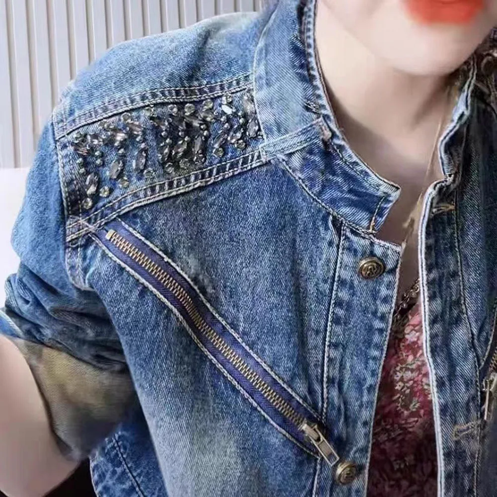 New Fashion Street Jean Jackets For Women 2023 Designer Stylish Denim Coat Women\'s Diamonds Beaded Zipper Patchwork Short Jacket