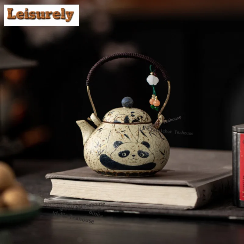 

150ML Firestone Red Panda Bamboo Lifting Handle Teapot Aesthetic Tea Infuser Pot Tea Making Kettle With Ball Hole Decoration