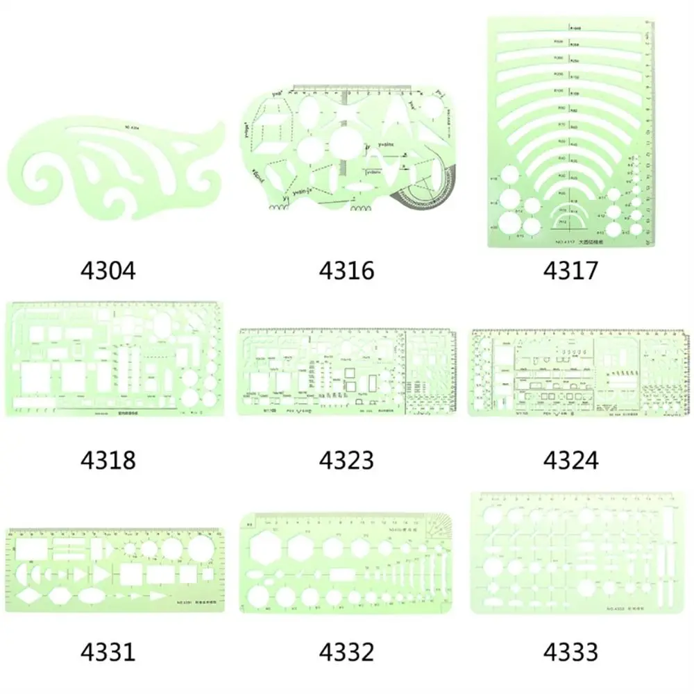 17 Styles Rulers Green Plastic Circles Geometric Template Ruler Stencil Measuring Tool Stationery Students Drawing Curve Ruler