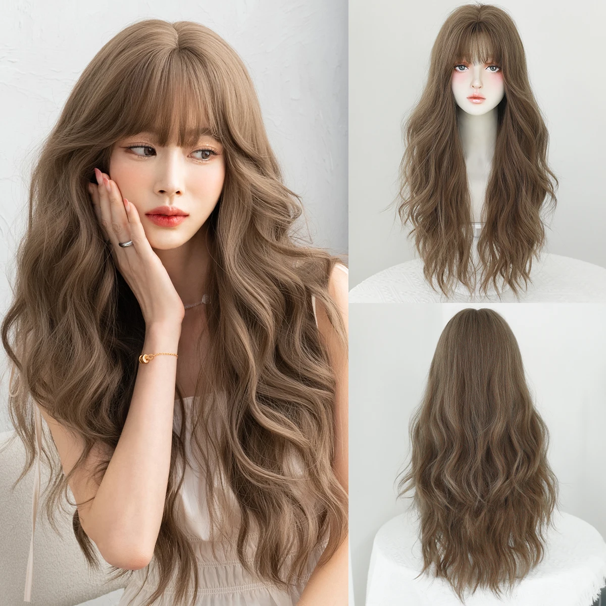 7JHH WIGS Lange Wasserwellen-Perücke in Honigbraun für Frauen, Synthetische Hitzebeständige Modische Perücke zum Sofortigen Tragen mit Gepflegtem Pony
