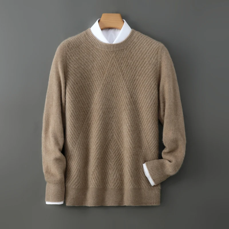 Men'S 100% Wool Sweater New Autumn And Winter Style Round Neck Loose Fit Thickened Knit Cashmere Blend Base Layer