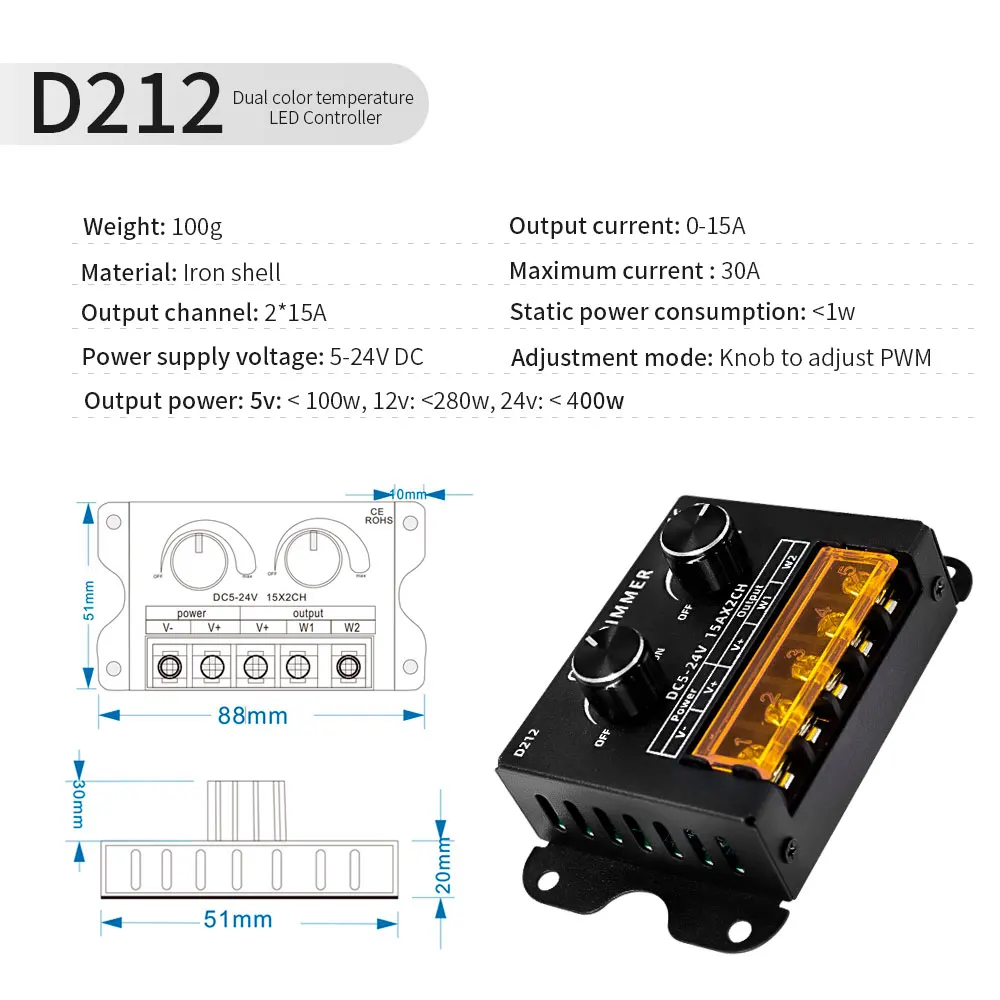 Color Temperature LED Strip Controller Dimmer 30A Dual White 2CH High Speed Signal Amplifier For CCT Led Light Tape DC5-24V