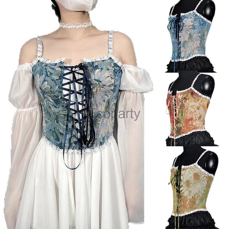 

Women Sexy Cross Bandage Bustiers Crop Top Renaissance Vintage Flowers Print Bow Straps Corsets U-Neck Cross Strappy Tank Tops