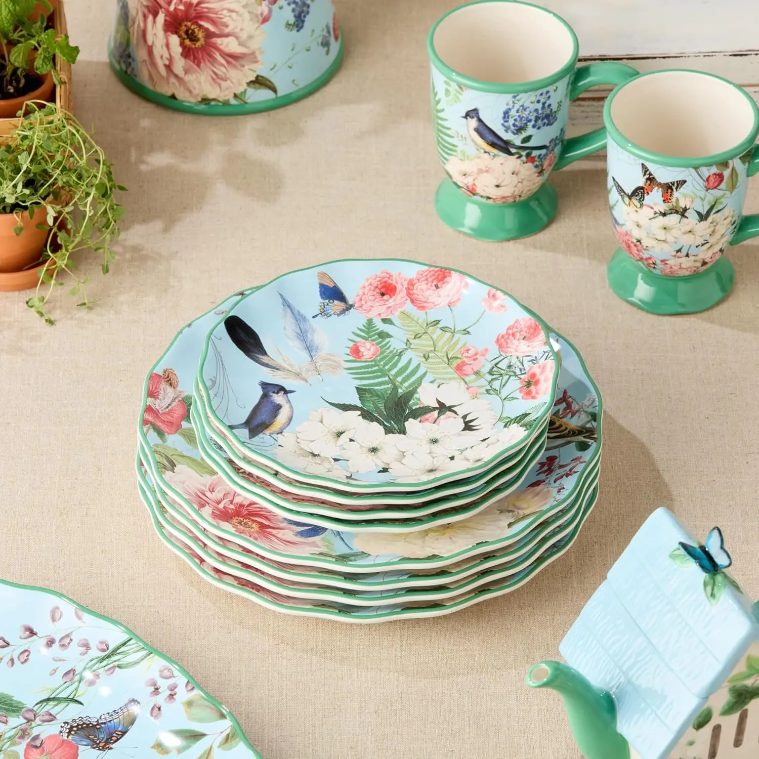 مجموعة فلورا مكونة من 4 أطباق سلطة - أطباق سيراميك مقاس 9 بوصة مع تصميمات زهور نابضة بالحياة والفراشة واليعسوب، أدوات مائدة متينة لـ