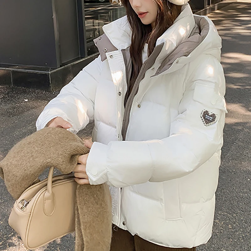 Parker Winter Warm Hooded Short Jacket Women Cotton New Solid Color Loose Thick Long Sleeved Zipper Fashion Women Cotton Jacket