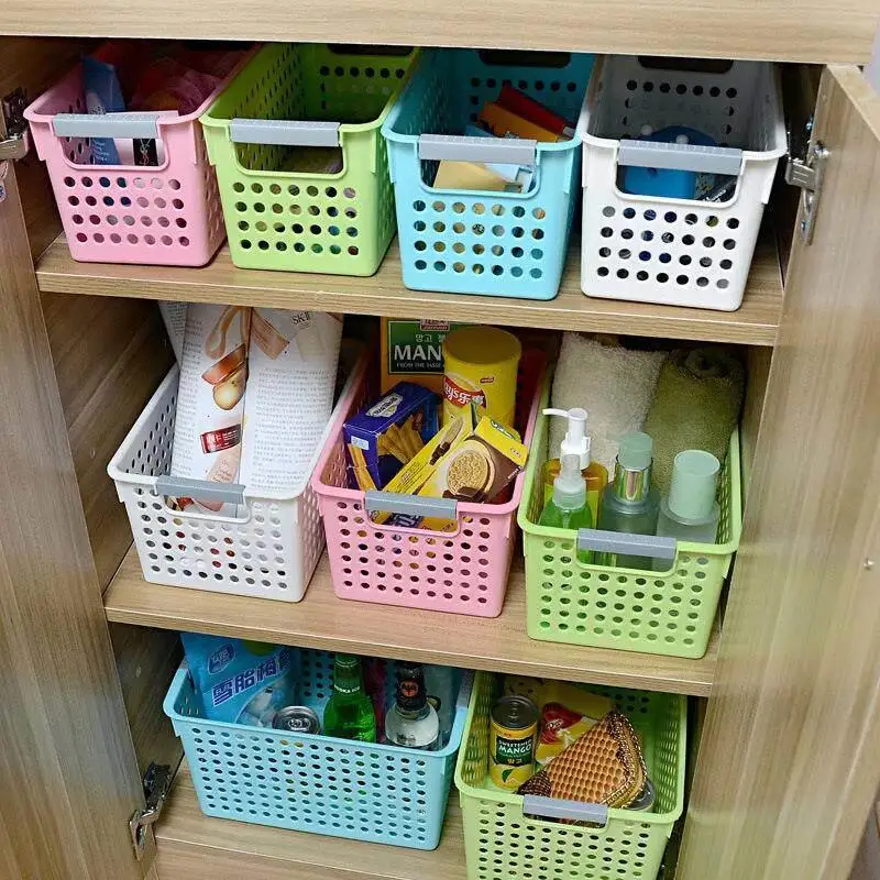 Thickened Rectangular Plastic Storage Basket Multi-Color Hollow out Design for Bedroom Bathroom Kitchen Desktop Organizer