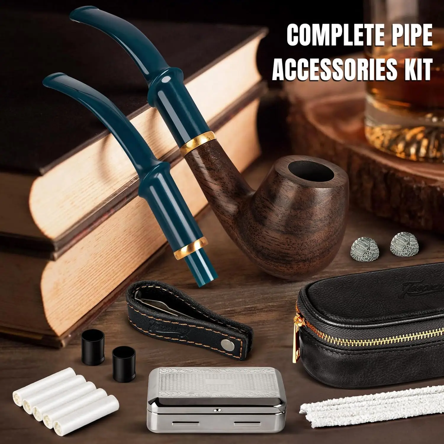 Ebony Wood Pipe Set with PU Leather Travel Pipe Pouch,Replaceable Pipe Stem,Pipe Filters and Smoking Pipe Accessories