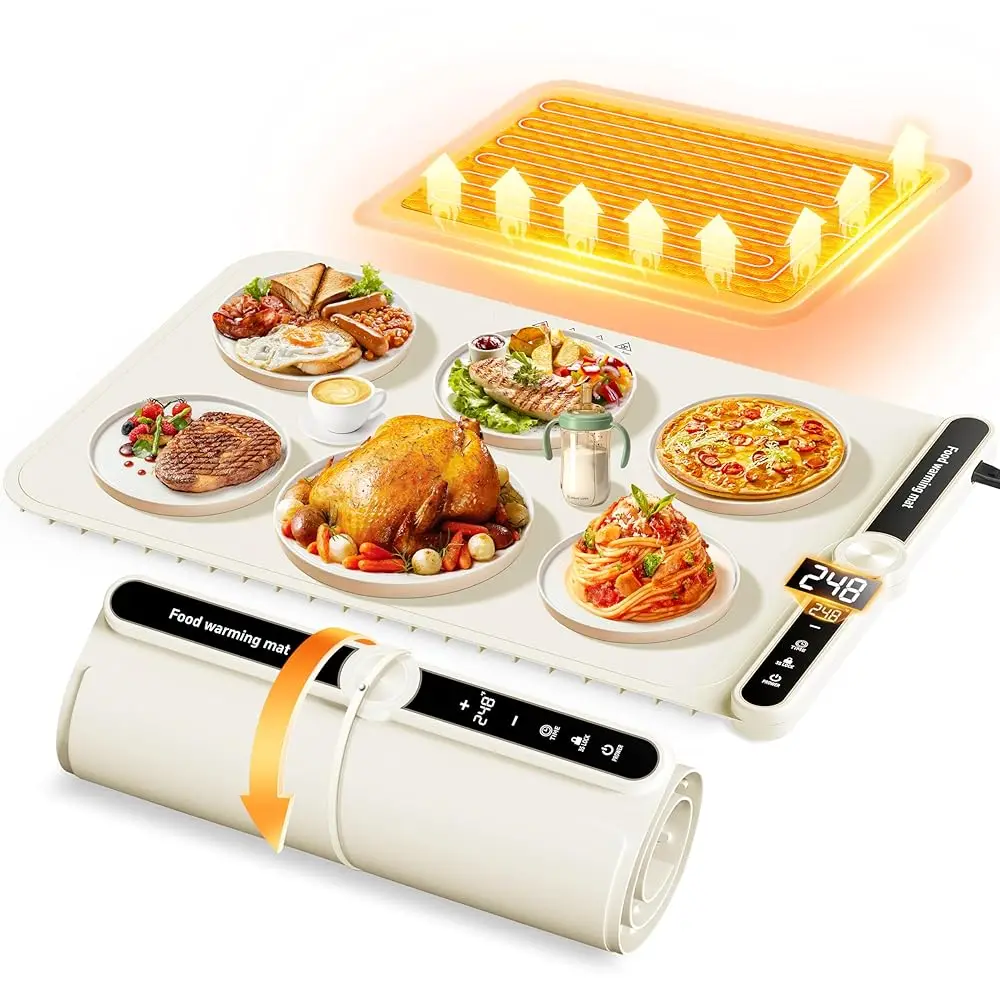 

Food Warming Mat Electric Warming Tray 6 Gear Timed 9 Gear Temperature Controlled 18H Auto Power Off Full Surface Rapid Heating