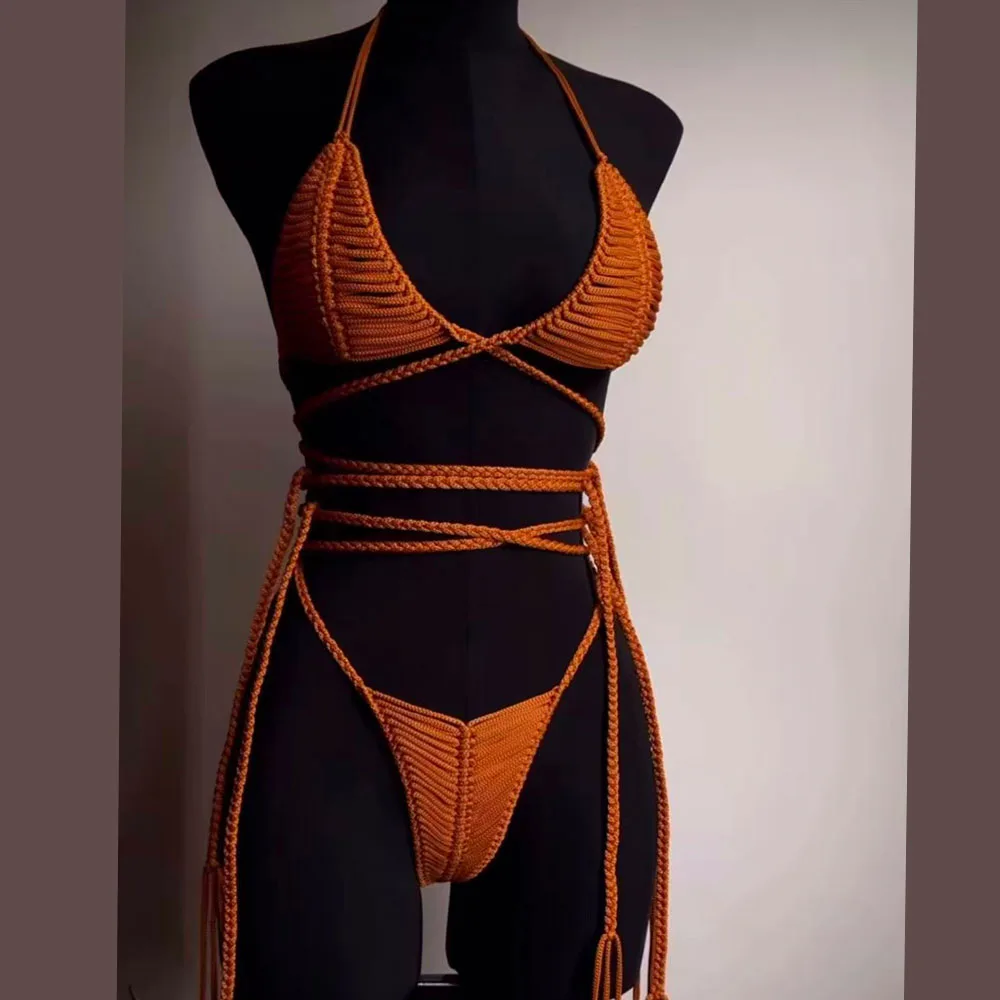 

Beachapche 2025 Summer Hand Crochet Macrame 2 Piece Set Women Sexy Bikini Set Holiday Beach Suits