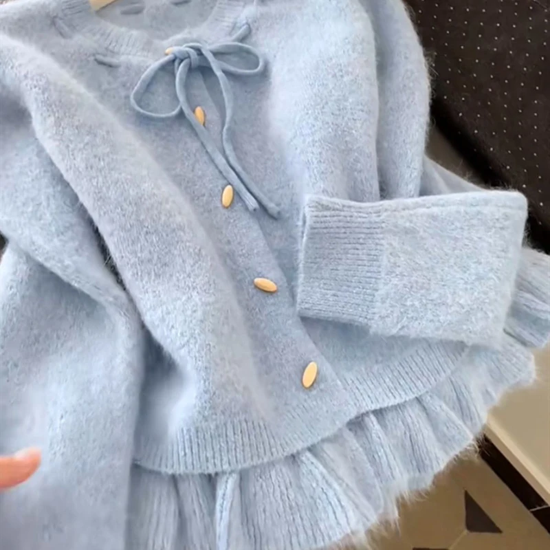 Cute Fuzzy Tie Front Women Cardigan Gold Buttons Knit Sweater Ruffle Hem Contrast Long Sleeve Coquette Preppy Winter Top